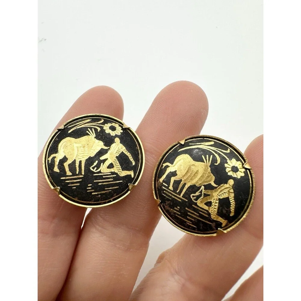 Vintage Damascene Toledo Earrings Spain Design Clip-On
